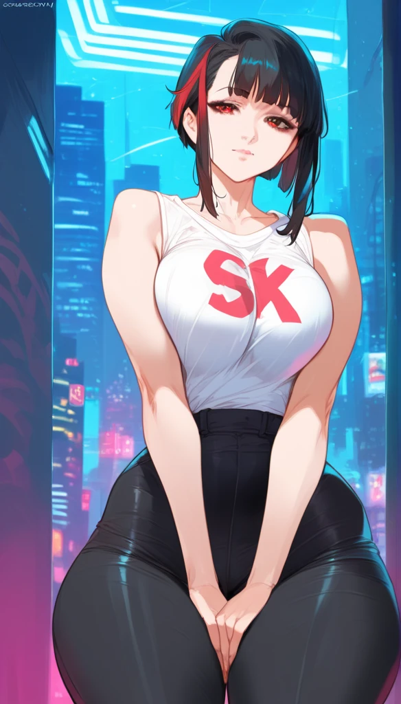 mixed_artstyle, 1 girl, Alone, hands, Asian, short black sleeveless t-shirt, black pants, short black hair with red highlights, red eyes, High quality images, curves visible, cinematic, cyberpunk background, neon, wallpaper style
