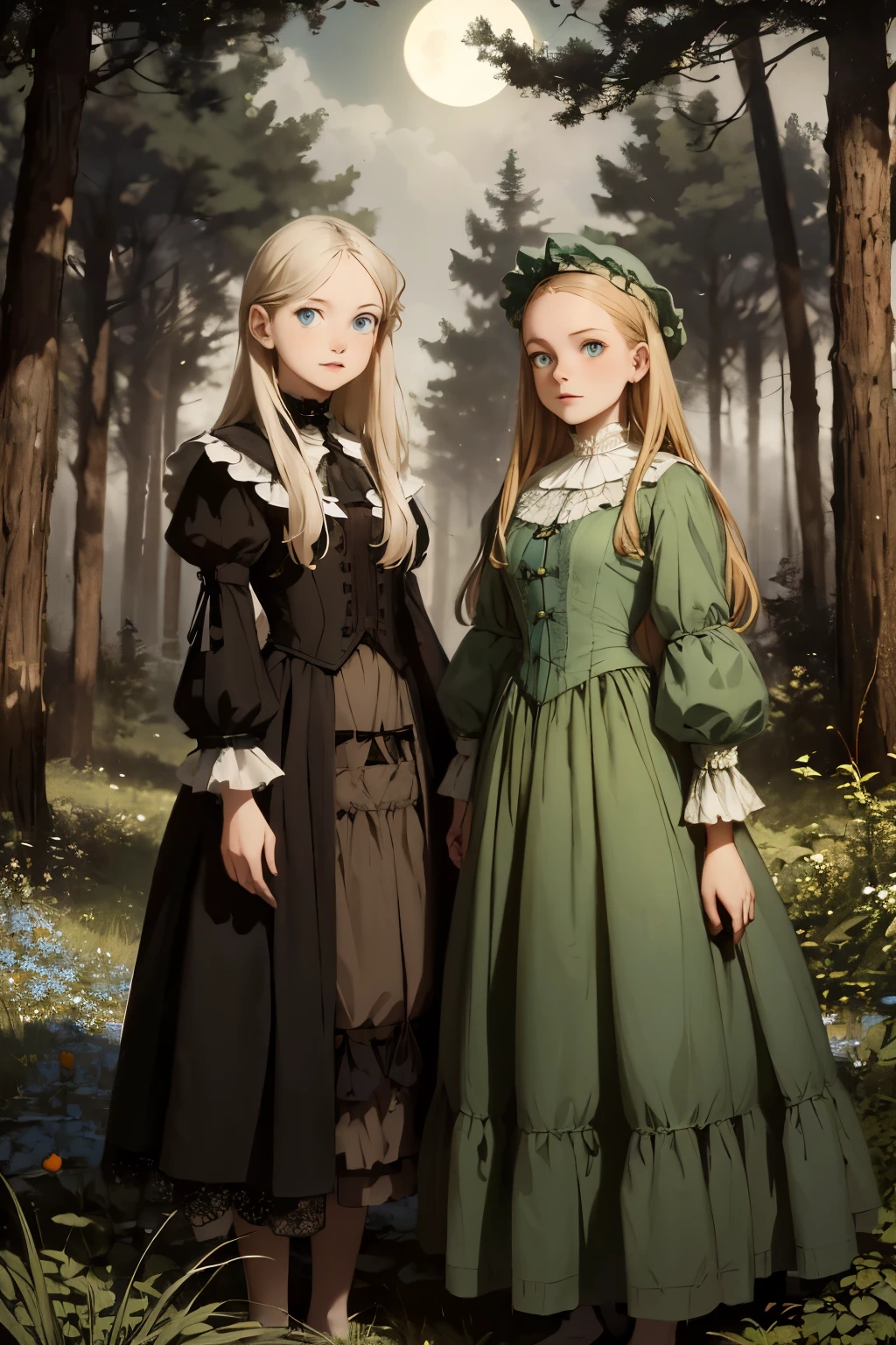 two girls, wide angle, detailed reproduction of a forest surrounded by fog up to a height of one meter. clear starry sky with a big full moon, bare trees, winter, two girls, (Virginia Otis, 15 years old (blond hair, blue eyes)) pose with (16 years old Georgie Gerald (blond hair, green eyes)). Victorian style. thin, cute face, walks at night in Canterville Castle (inspired by the novel The Canterville Ghost). aged 1887, Victorian fantasy