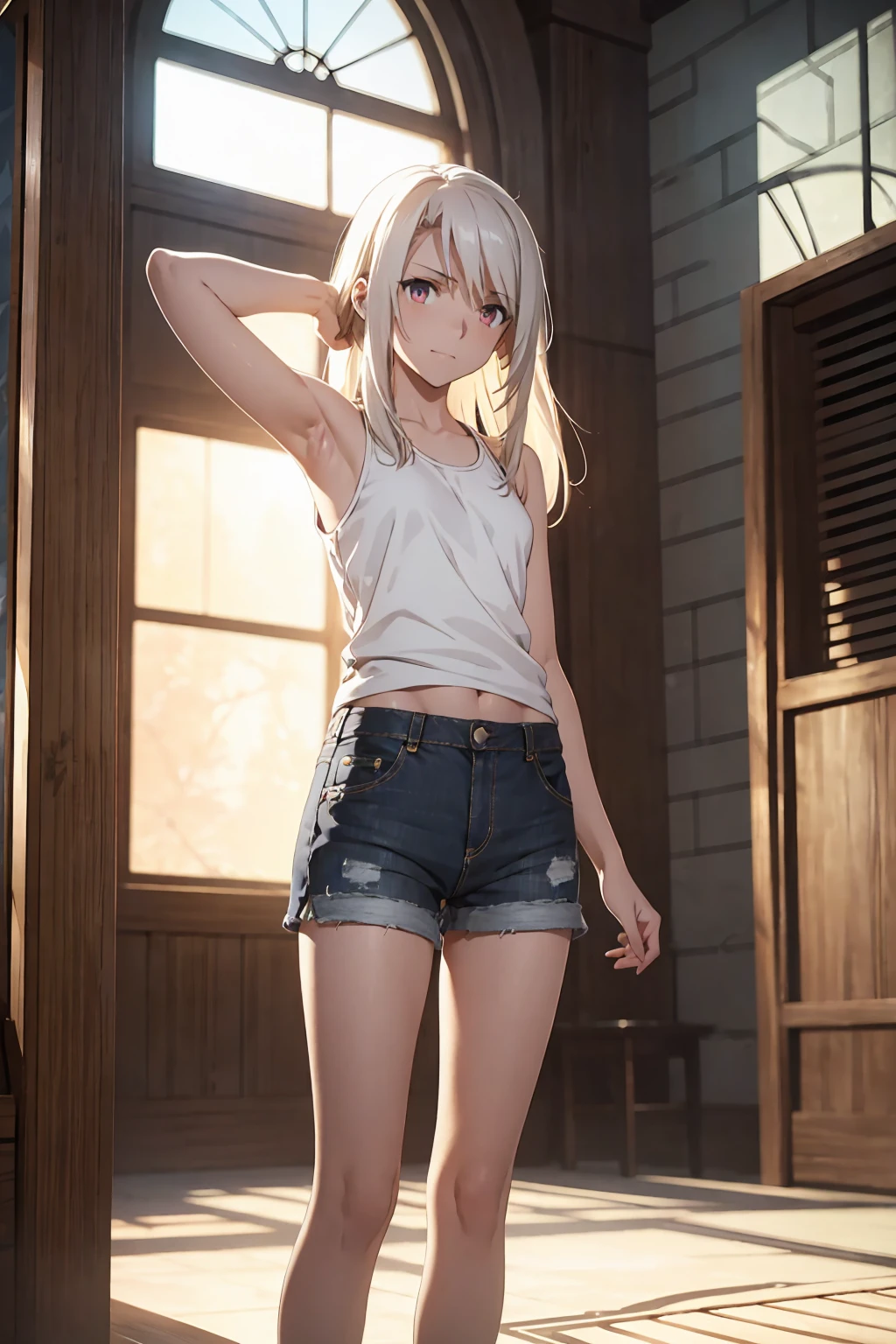 Browsing Caution　(Highest quality:1.5, High resolution, 超High resolution, 4K, Detailed lighting, Shaders)(masterpiece:1.2), Very detailed, destiny/Background of the stay, indoor, Illyasviel von Einzbern　alone, Cowboy Shot,Long Hair, Gray Hair, Red eyes, White tank top　Denim shorts　M-shaped foot　sneer　Beautiful beach　Realistic sun rays　Beautiful Armpits　Sweat