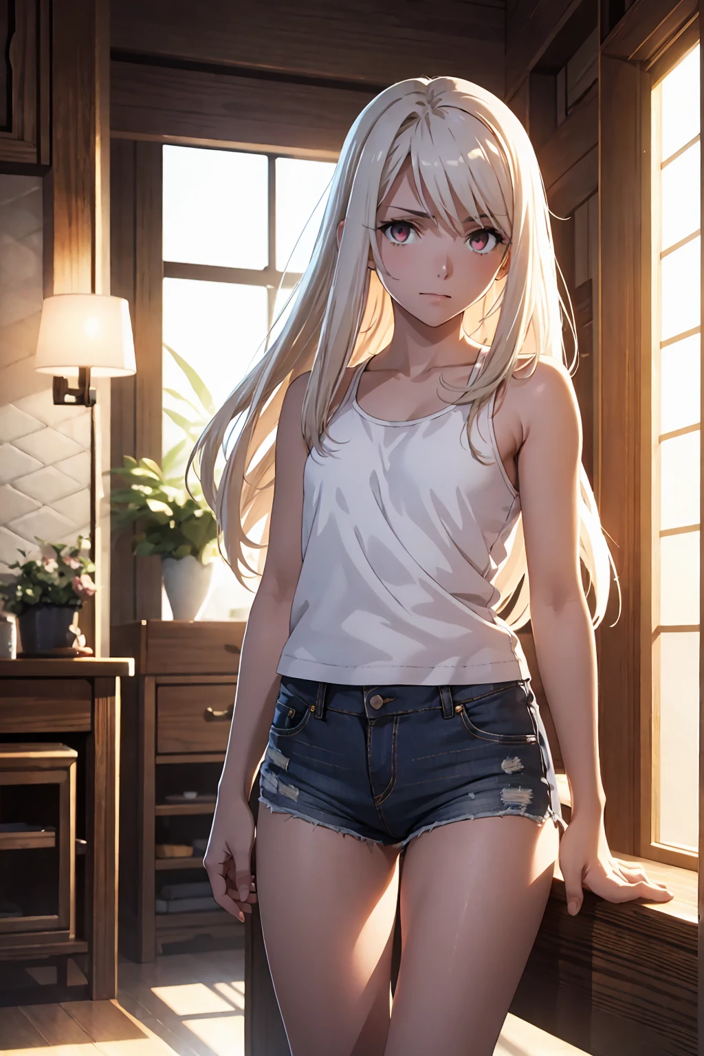 Browsing Caution　(Highest quality:1.5, High resolution, 超High resolution, 4K, Detailed lighting, Shaders)(masterpiece:1.2), Very detailed, destiny/Background of the stay, indoor, Illyasviel von Einzbern　alone, Cowboy Shot,Long Hair, Gray Hair, Red eyes, White tank top　Denim shorts　M-shaped foot　sneer　Beautiful beach　Realistic sun rays　Beautiful Armpits　Sweat