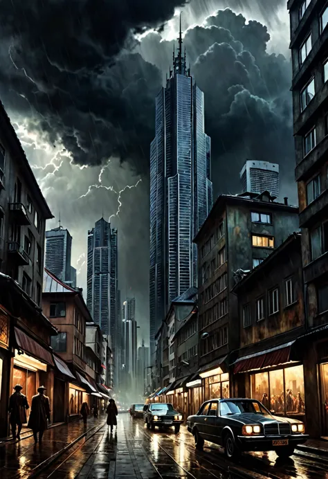 Panoramic view of a city with skyscrapers, with a stormy cloudy sky, dark fantasy  style from the 70s, with intense German-style...