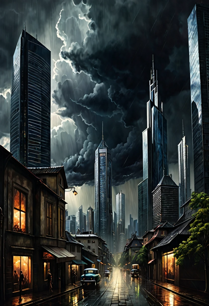 Panoramic view of a city with skyscrapers, with a stormy cloudy sky, dark fantasy  style from the 70s, with intense German-style romantic painting. Shadows and spectacular lighting.