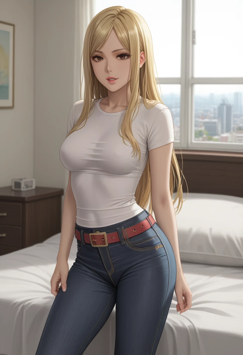 score_9_up, score_8_up, score_7_up, 1girl, solo, mature female,((Tsukumo Yuki)), ((blonde long hair)), brown eyes, pink lips, parted lips, fit slim body,(((perfect erected medium breast))) (((black tight top, tight jeans, belt))), (((highly detailed bedroom, window, bed))), perfect fit model body, (((seductive pose, lewd look)))