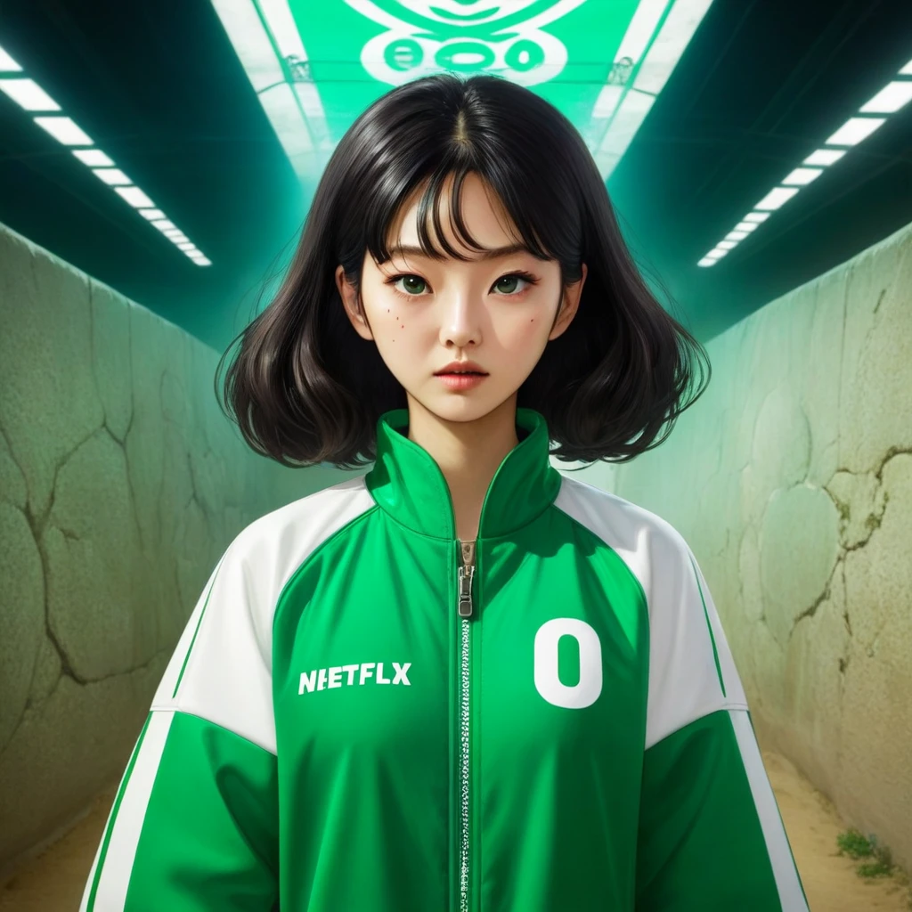 Hoyeon Jung,  korean woman, 1 woman wearing green and white jacket with the number 067 on the top left, netflix, squid game, Kang Sae-byeok, in a stone arena, front view