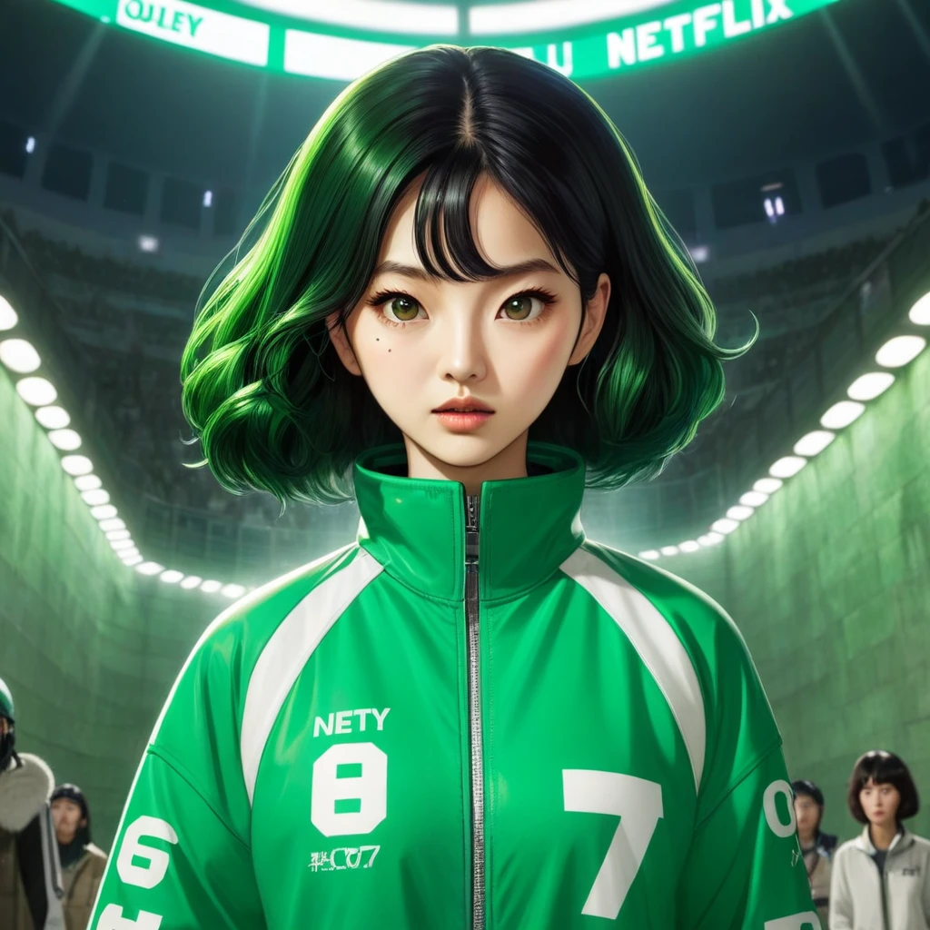 HoYeon Jung,  femme coréenne, 1 femme portant une veste verte et blanche avec le numéro 067 en haut à gauche, Netflix, Jeu de calmar, C&#39;est Sae-byeok, dans une arène de pierre, vue de face