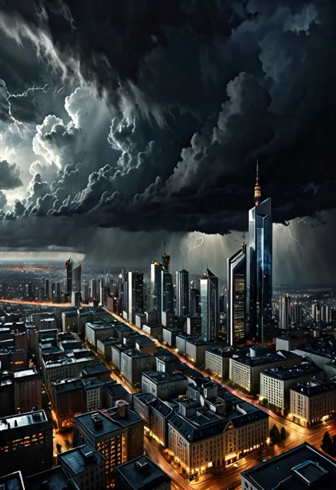 Panoramic view high of a city with skyscrapers, with a stormy cloudy sky, dark fantasy  style from the 70s, with intense German-...
