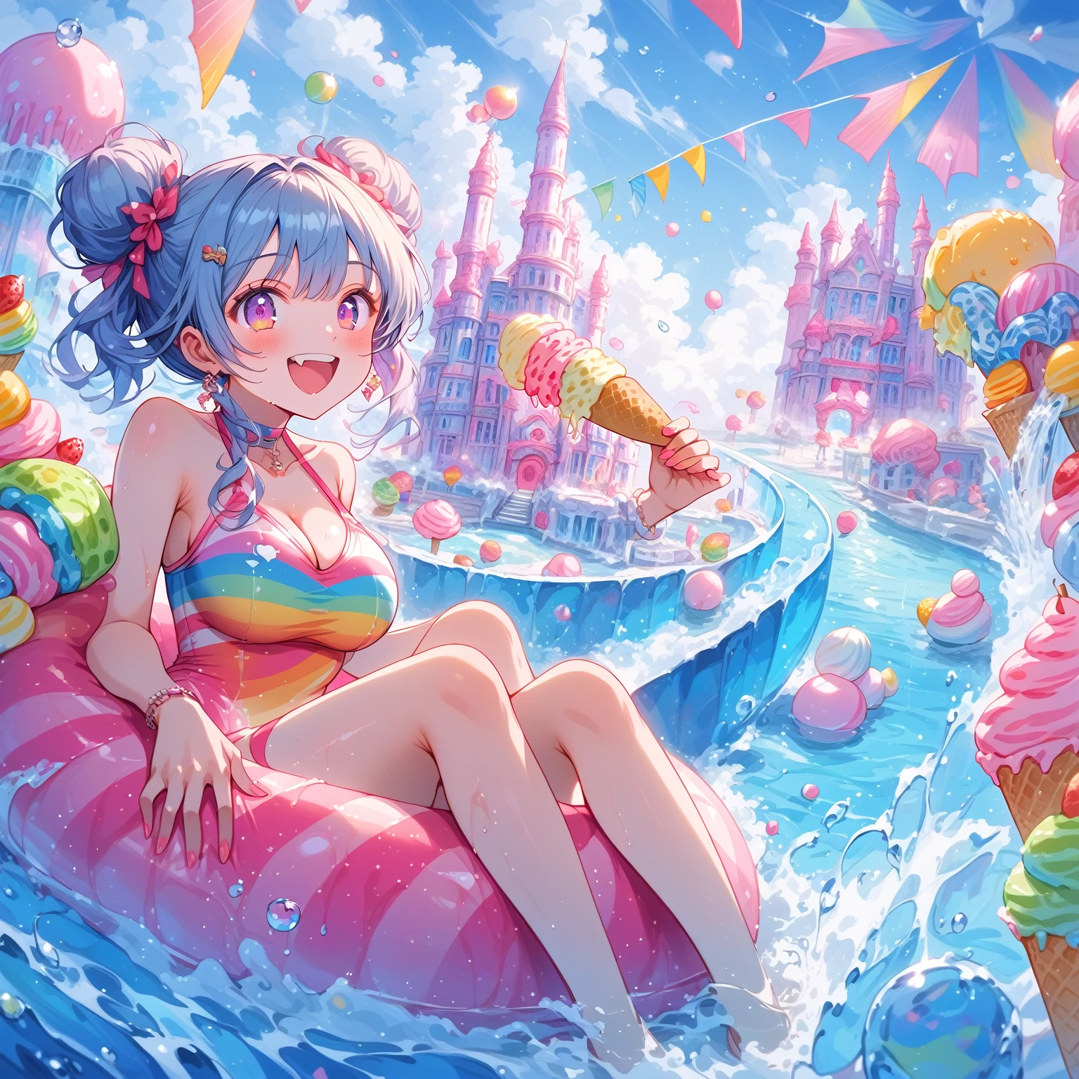 score_9, score_8_up, score_7_up, source_anime,masterpiece, best quality, high resolution, extremely detailed CG, absurdres, highres, A dreamy water park, all the buildings are made of ice-cream, ice cream castle, colorful, girl in swimsuit is sliding down the water slide, happy, neondskdrmsxl, babycreamxl