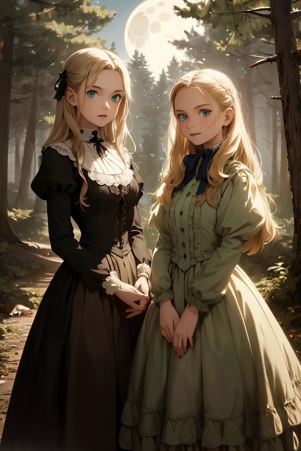 two girls, wide angle, detailed reproduction of a forest surrounded by fog up to a height of one meter. clear starry sky with a big full moon, bare trees, winter, two girls, (Virginia Otis, 15 years old (blond hair, blue eyes)) pose with (16 years old Georgie Gerald (blond hair, green eyes)). Victorian style. thin, cute face, walks at night in Canterville Castle (inspired by the novel The Canterville Ghost). aged 1887, Victorian fantasy