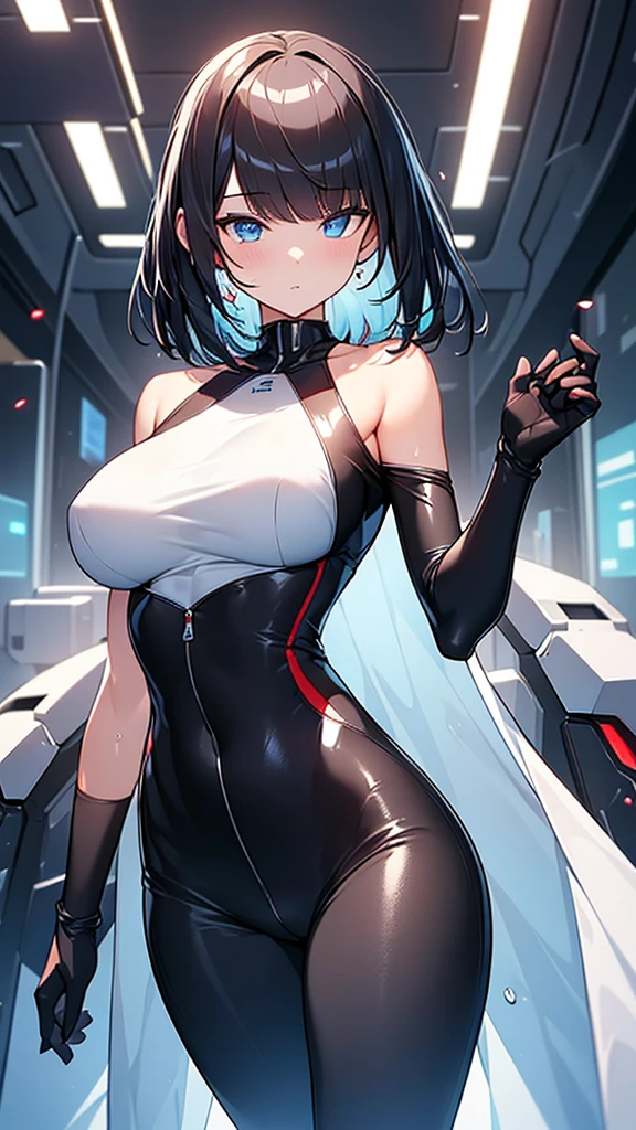 (Highly detailed CG Unity 32k wallpaper,masterpiece, Biological, whole body),(Best lighting, Best Shadow, Very delicate and beautiful),(One girl),blue eyes, Big Breasts, Black Hair,Bobcut,Red and black and White off-the-shoulder revealing high-cut SF bodysuit,One-piece swimsuit-style clothing,Clothes that emphasize the chest,Neck Seal,High-tech sci-fi corridor, Dynamic pose, Detailed Machinery, Sleek design.,My crotch is wet, {{An extraterrestrial lifeform preys on girls and takes their place、Her breasts are bigger than a real girl&#39;s、Suitable for the mother}}, Unknown sensation, Feels good, Vigorous movement, more, instinct, Female fall, Bouncing chest, loose, loose, Next to a real girl skeleton, NSFW