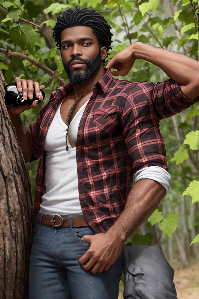 Картина в стиле fuhrerdoodles: суровый лесоруб в открытой клетчатой рубашке и джинсах с бутылкой вина в одной руке, стоящий в джунглях, Красивые глаза, черная борода, черные волосы, подробный , сексуальная поза