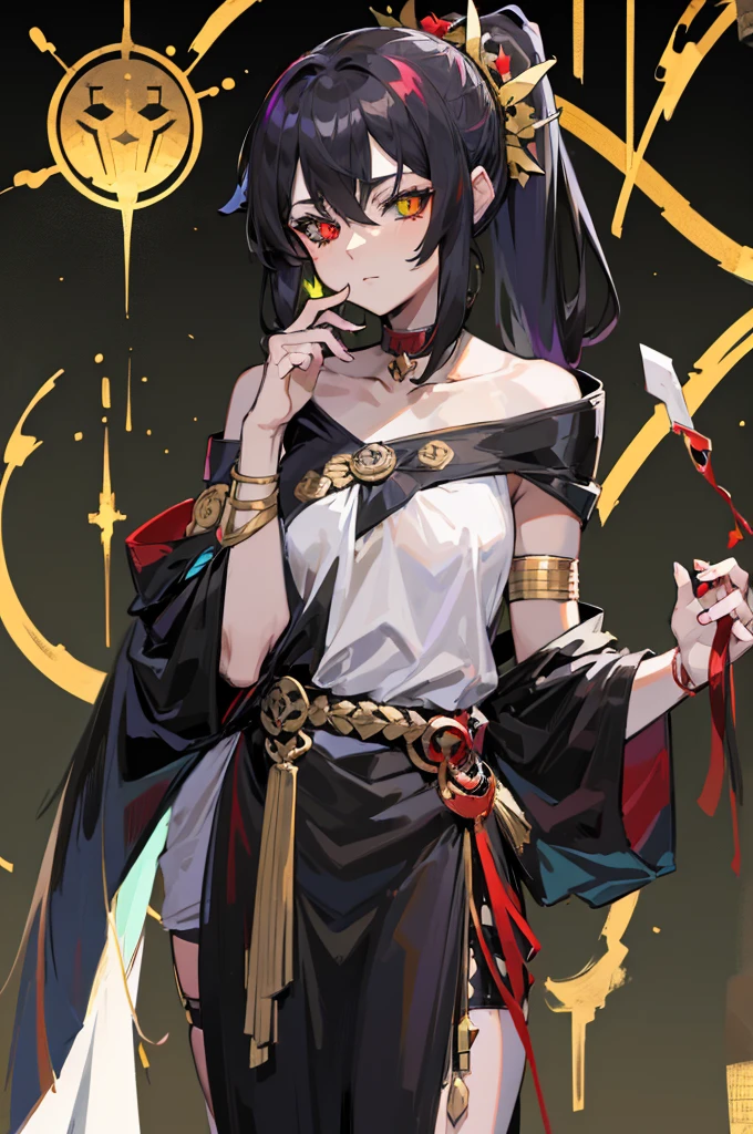 Female, Anime, Heterochromia, Melinoë from Hades II, black long hair, ponytail, greek style toga, "red eye on black sclera", small bust size, "green eye on white sclera",