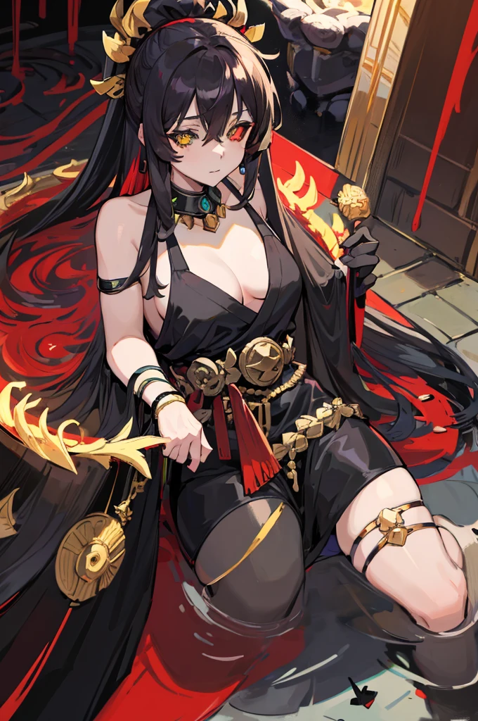 Female, Anime, Heterochromia, Melinoë from Hades II, black long hair, ponytail, greek style toga, "red eye on black sclera", small bust size, "green eye on white sclera",