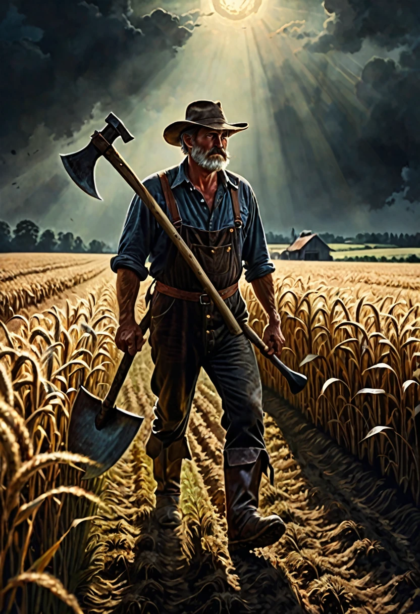 A farmer in his 35s holding an axe walking through the field, dark fantasy  style from the 70s, with intense German-style romantic painting. Shadows and spectacular lighting.