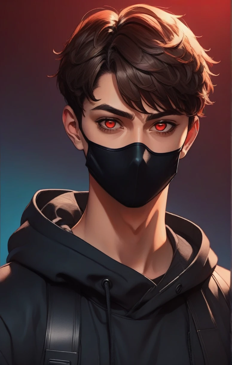 beautiful young anime man short brown hair, black mouth masked, black urban clothes, digital art portrait, with glowing skin, vibrant flat colors, and a gradient red background (best quality,4k,8k,highres,masterpiece:1.2) ultra-detailed,beautiful detailed red eyes,dramatic lighting,digital painting,concept art,character design
