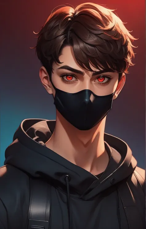 beautiful young anime man short brown hair, black mouth masked, black urban clothes, digital art portrait, with glowing skin, vi...