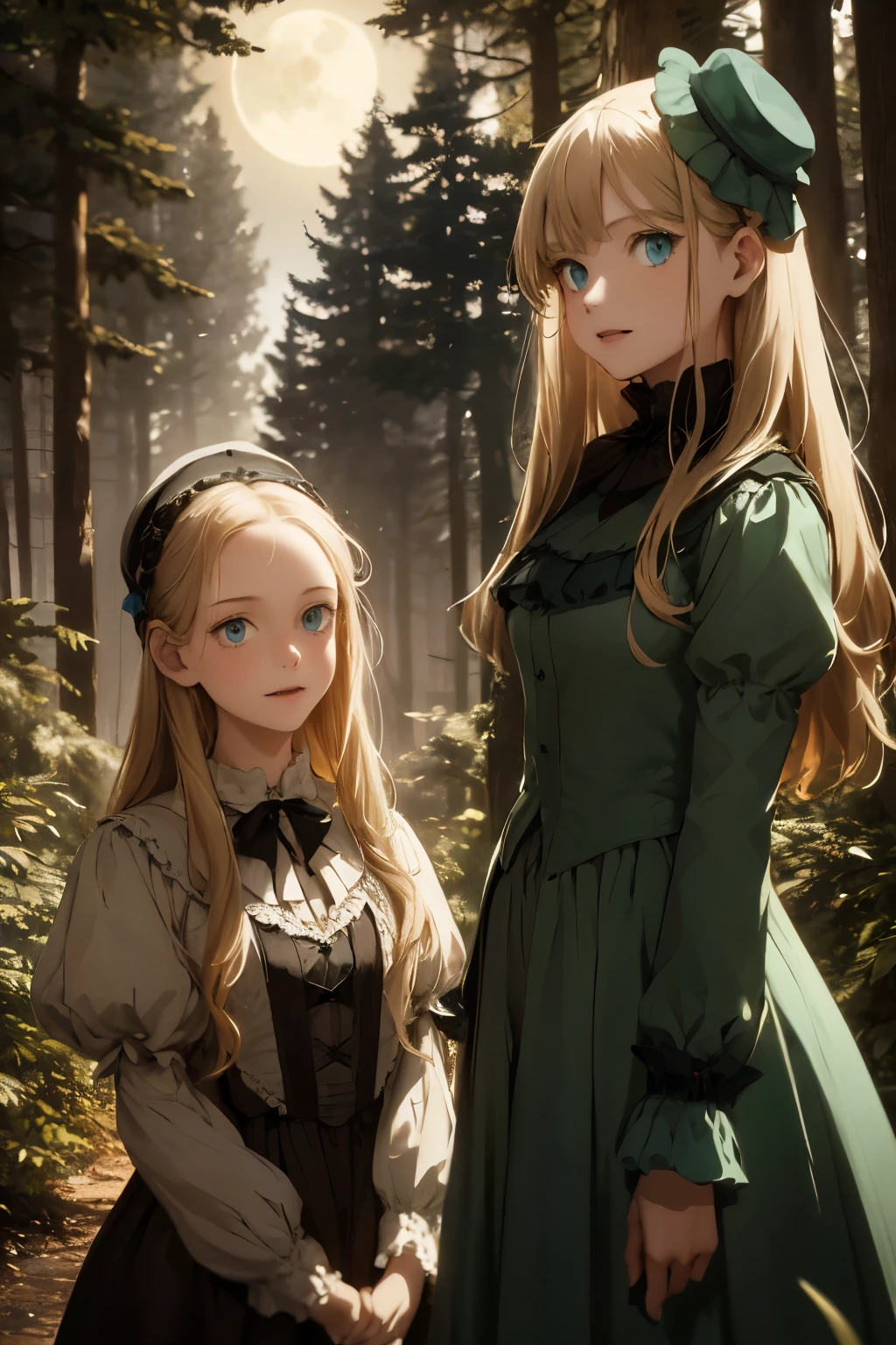 two girls, wide angle, detailed reproduction of a forest surrounded by fog up to a height of one meter. clear starry sky with a big full moon, bare trees, winter, two girls, (Virginia Otis, 15 years old (blond hair, blue eyes)) pose with (16 years old Georgie Gerald (blond hair, green eyes)). Victorian style. thin, cute face, walks at night in Canterville Castle (inspired by the novel The Canterville Ghost). aged 1887, Victorian fantasy