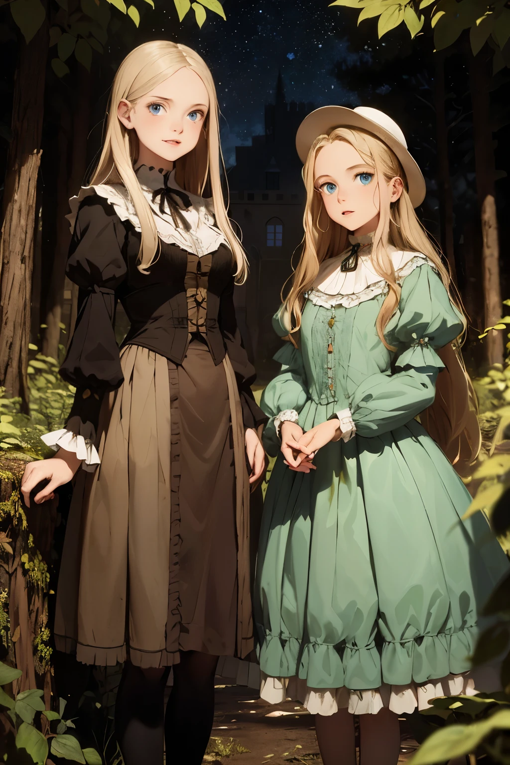 two girls, wide angle, detailed reproduction of a forest surrounded by fog up to a height of one meter. clear starry sky with a big full moon, bare trees, winter, two girls, (Virginia Otis, 15 years old (blond hair, blue eyes)) pose with (16 years old Georgie Gerald (blond hair, green eyes)). Victorian style. thin, cute face, walks at night in Canterville Castle (inspired by the novel The Canterville Ghost). aged 1887, Victorian fantasy