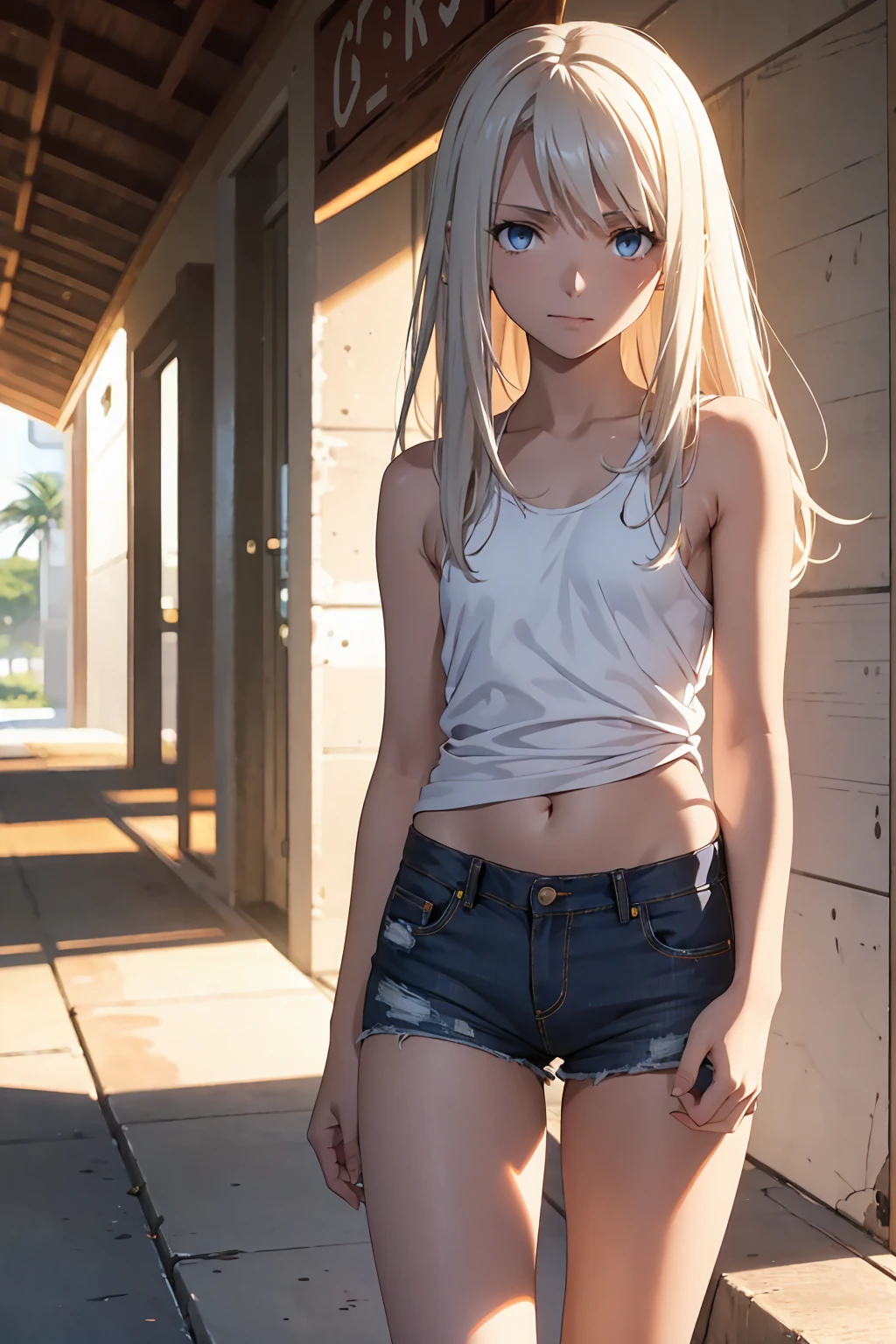 Browsing Caution　(Highest quality:1.5, High resolution, 超High resolution, 4K, Detailed lighting, Shaders)(masterpiece:1.2), Very detailed, Illyasviel von Einzbern　{{Red colored eyes}}++　alone, Cowboy Shot,Long Hair, Gray Hair, Red eyes, A small white tank top　Denim shorts　M-shaped foot　sneer　Beautiful beach　Realistic sun rays　topless　Completely naked　Roll up your shirt　Sweat　Outdoor