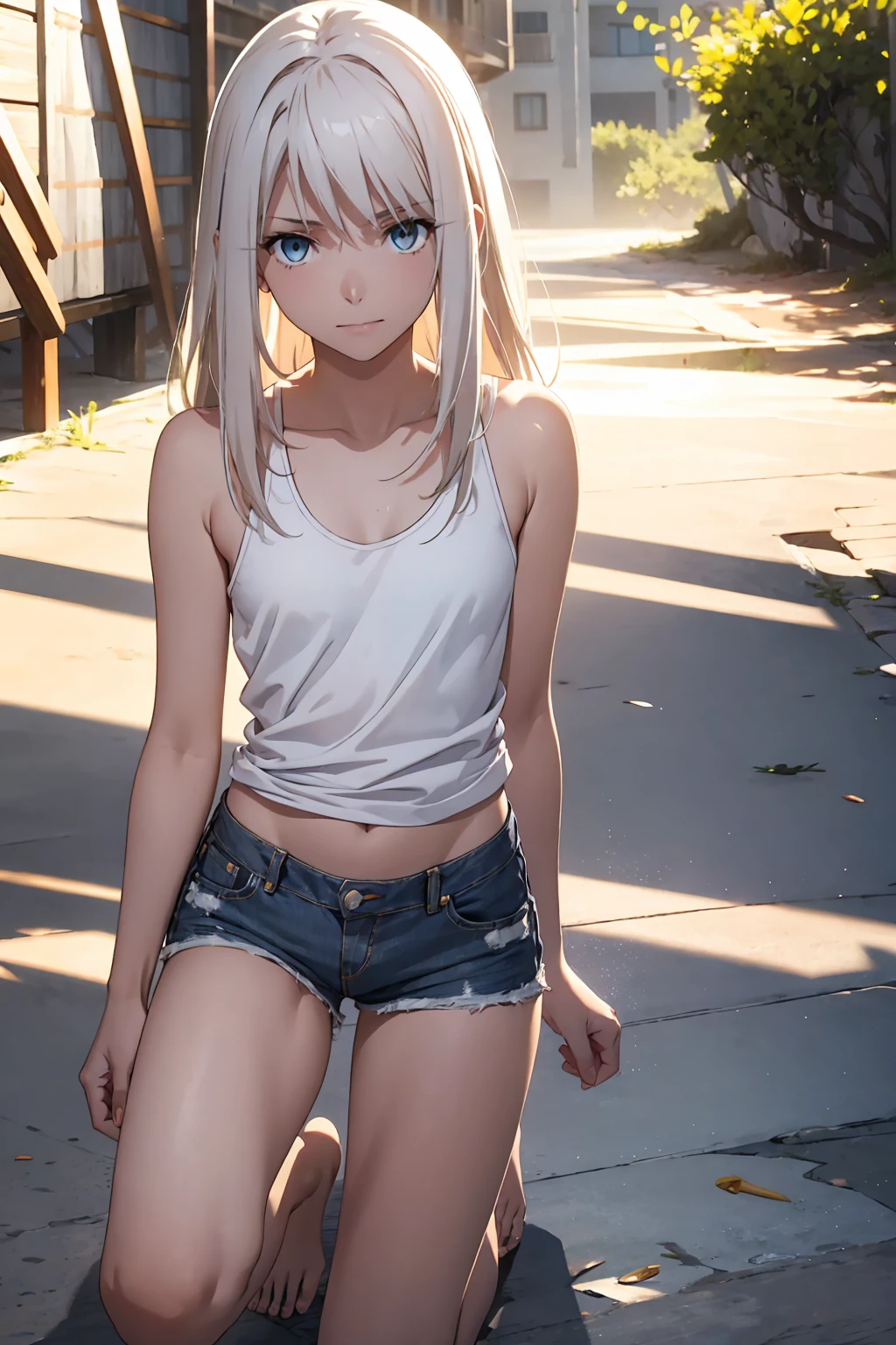 Browsing Caution　(Highest quality:1.5, High resolution, 超High resolution, 4K, Detailed lighting, Shaders)(masterpiece:1.2), Very detailed, Illyasviel von Einzbern　{{Red colored eyes}}++　alone, Cowboy Shot,Long Hair, Gray Hair, Red eyes, A small white tank top　Denim shorts　M-shaped foot　sneer　Beautiful beach　Realistic sun rays　topless　Completely naked　Roll up your shirt　Sweat　Outdoor