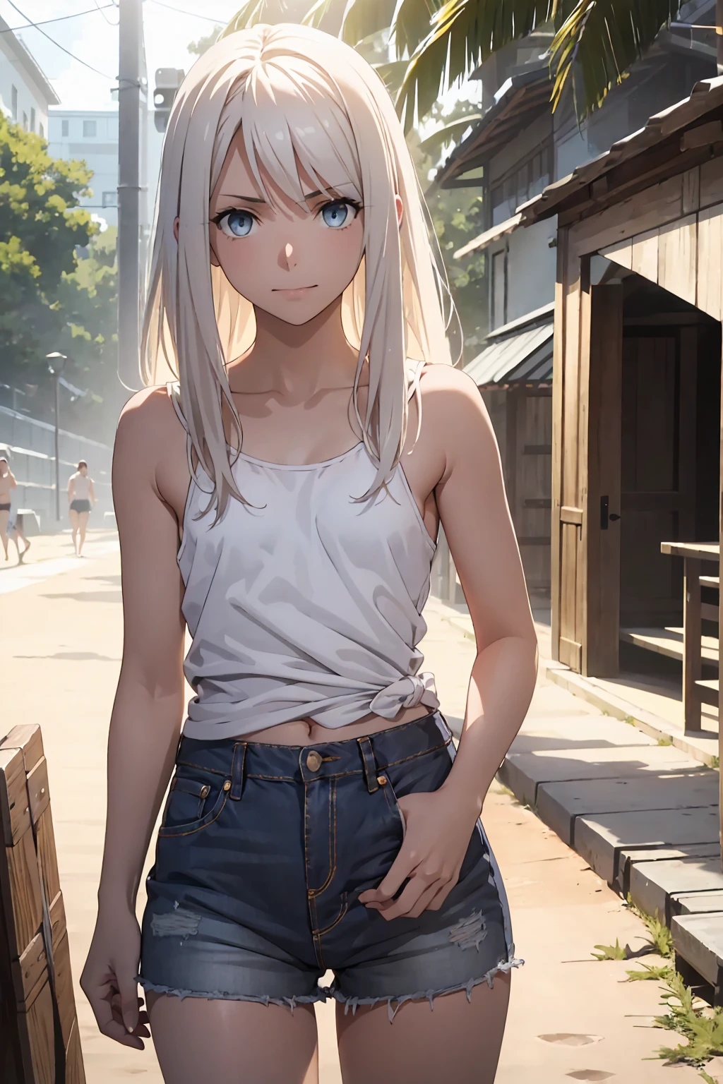 Browsing Caution　(Highest quality:1.5, High resolution, 超High resolution, 4K, Detailed lighting, Shaders)(masterpiece:1.2), Very detailed, Illyasviel von Einzbern　{{Red colored eyes}}++　alone, Cowboy Shot,Long Hair, Gray Hair, Red eyes, A small white tank top　Denim shorts　M-shaped foot　sneer　Beautiful beach　Realistic sun rays　topless　Completely naked　Roll up your shirt　Sweat　Outdoor