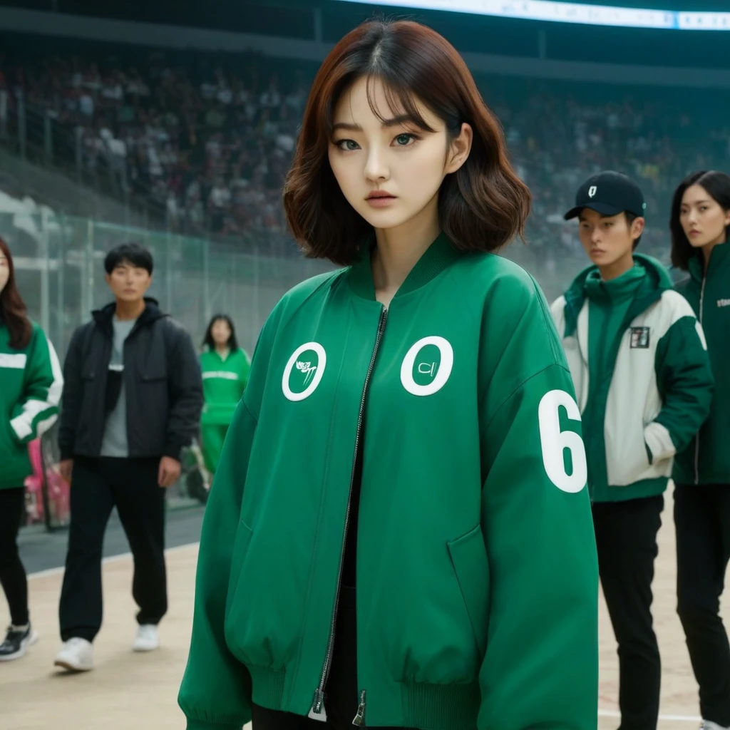 Hoyeon Jung trägt eine grüne Jacke, Stellen Sie sicher, dass die Nummer (067) erscheint auf dem Jacket, Netflix, Tintenfisch-Spiel, Es ist Sae-byeok, in der Steinarena, Vorderansicht