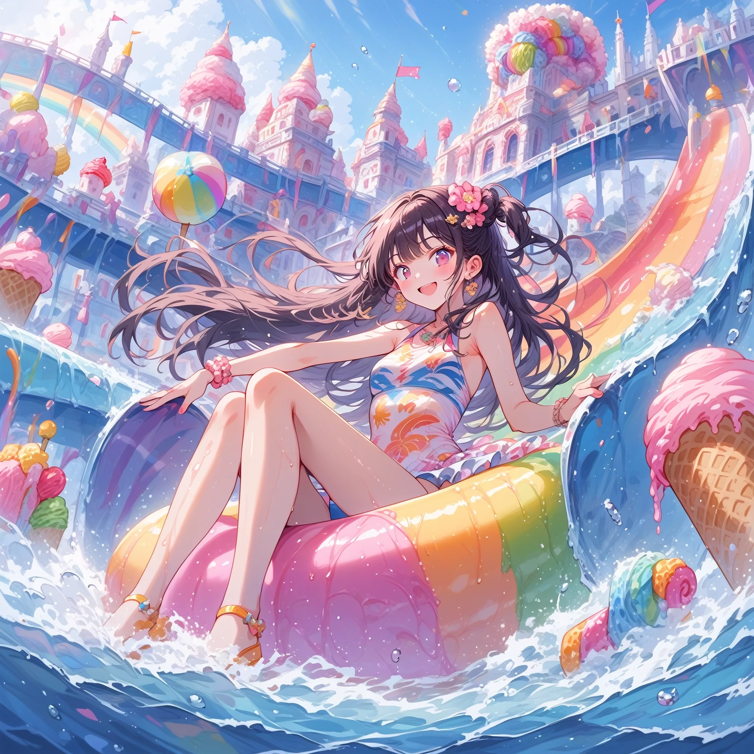 score_9, score_8_up, score_7_up, source_anime,masterpiece, best quality, high resolution, extremely detailed CG, absurdres, highres, A dreamy water park, all the buildings are made of ice-cream, ice cream castle, colorful, girl in swimsuit is sliding down the water slide, happy, neondskdrmsxl, babycreamxl