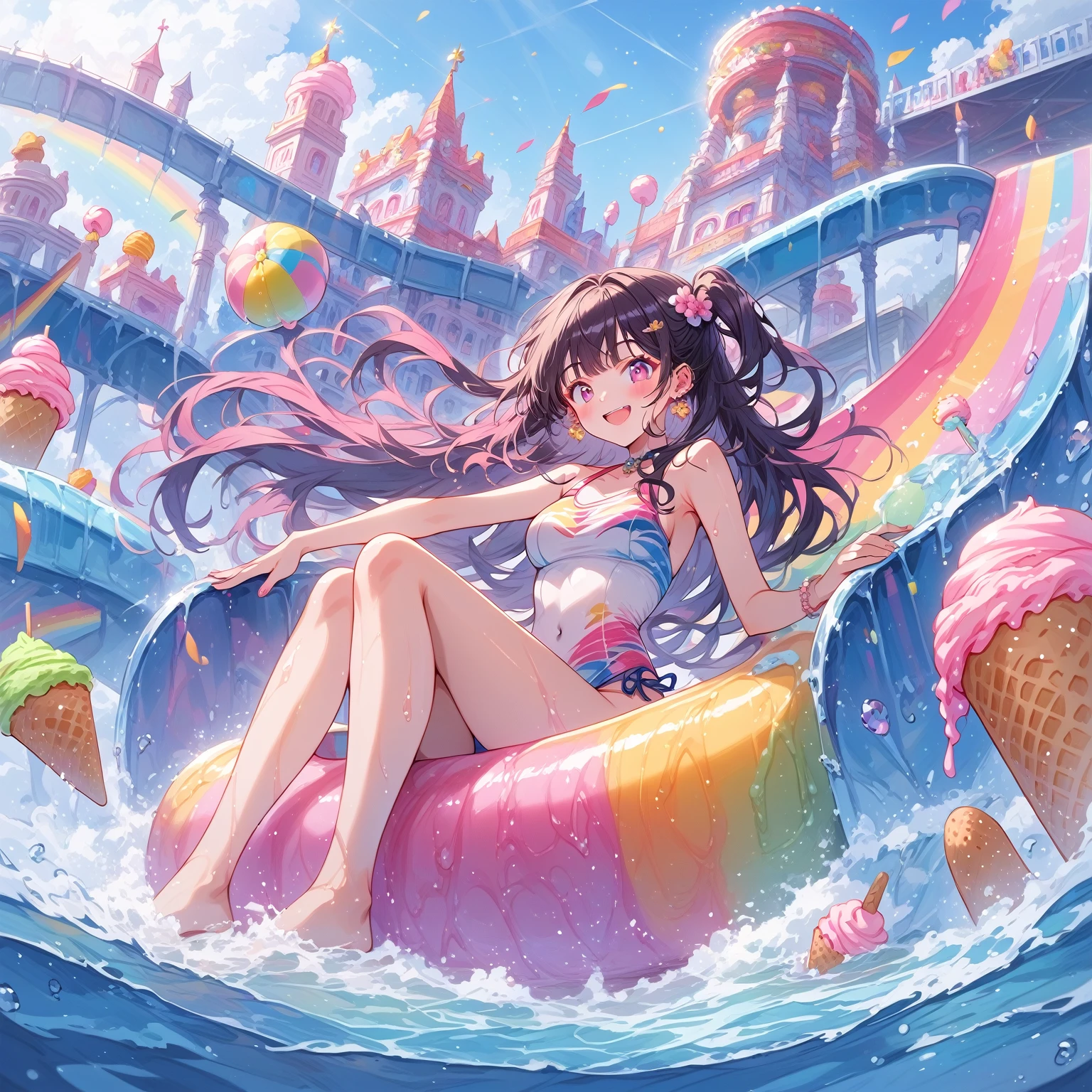 score_9, score_8_up, score_7_up, source_anime,masterpiece, best quality, high resolution, extremely detailed CG, absurdres, highres, A dreamy water park, all the buildings are made of ice-cream, ice cream castle, colorful, girl in swimsuit is sliding down the water slide, happy, neondskdrmsxl, babycreamxl