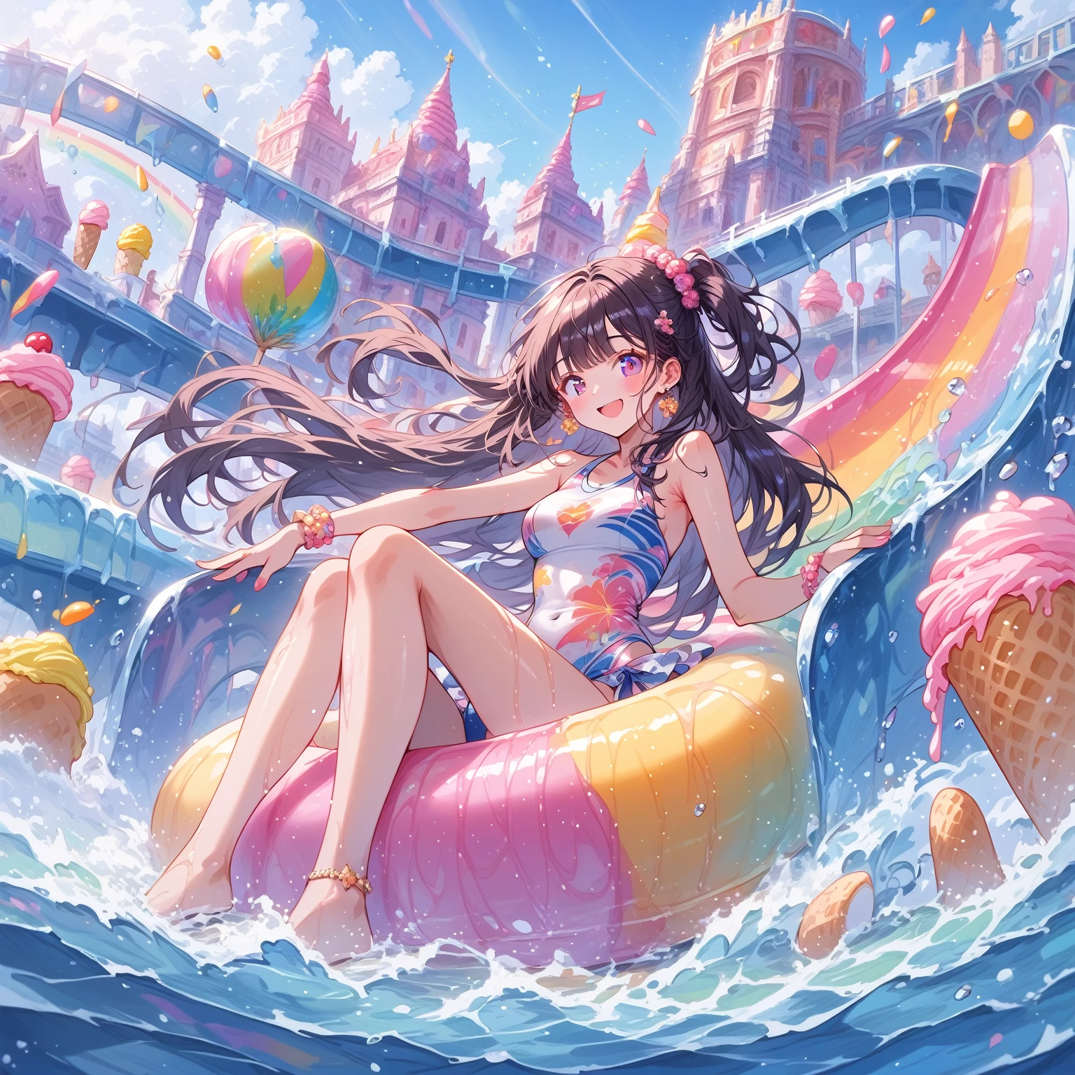 score_9, score_8_up, score_7_up, source_anime,masterpiece, best quality, high resolution, extremely detailed CG, absurdres, highres, 1girl,solo, blond, a dreamy water park, all the buildings are made of ice-cream, ice cream castle, colorful, girl in swimsuit is sliding down the water slide, happy, neondskdrmsxl, babycreamxl