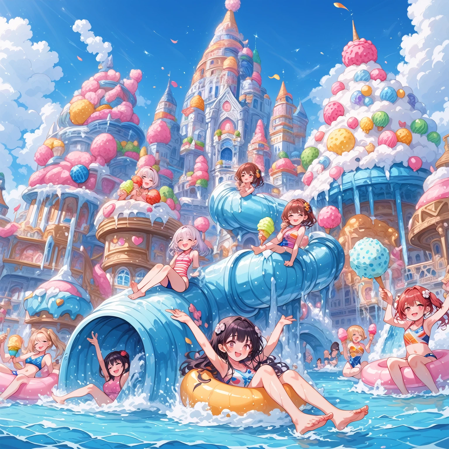 score_9, score_8_up, score_7_up, source_anime,masterpiece, best quality, high resolution, extremely detailed CG, absurdres, highres, A dreamy water park, all the buildings are made of ice-cream, ice cream castle, colorful, girl in swimsuit is sliding down the water slide, happy, neondskdrmsxl, babycreamxl