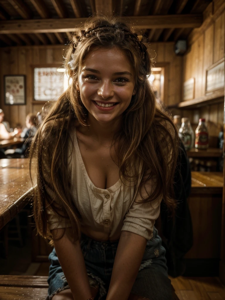 Pub scene in natural colors: cozy space, soft lighting casting delicate shadows. A happy European pretty woman sits in the center, her messy French braid cascading down one side of her face. Her bright and contagious laugh radiates as she directly addresses the viewer. There's a glass of cold beer next to her.
