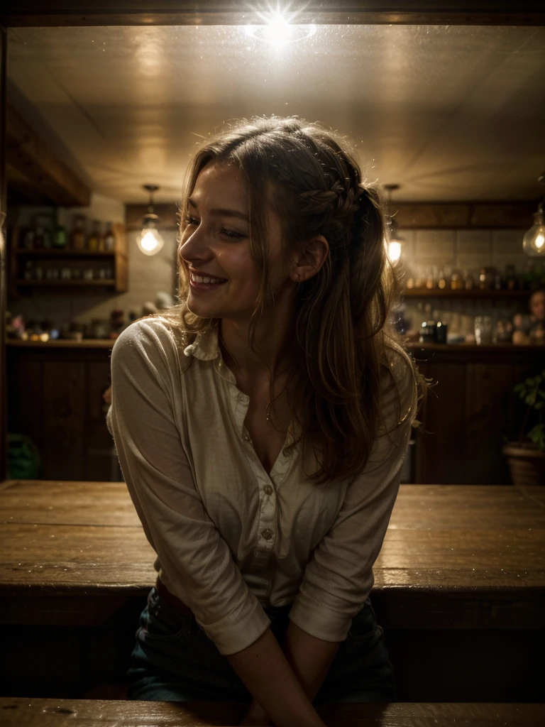 Pub scene in natural colors: cozy space, soft lighting casting delicate shadows. A happy European pretty woman sits in the center, her messy French braid cascading down one side of her face. Her bright and contagious laugh radiates as she directly addresses the viewer. There's a glass of cold beer next to her.