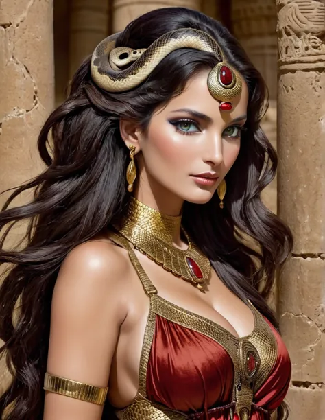Hentei, Femme chaude, une peau de serpent,  sexy corps maternelle, Égypte antique, seins laiteux, temple égyptien,robe rouge et ...