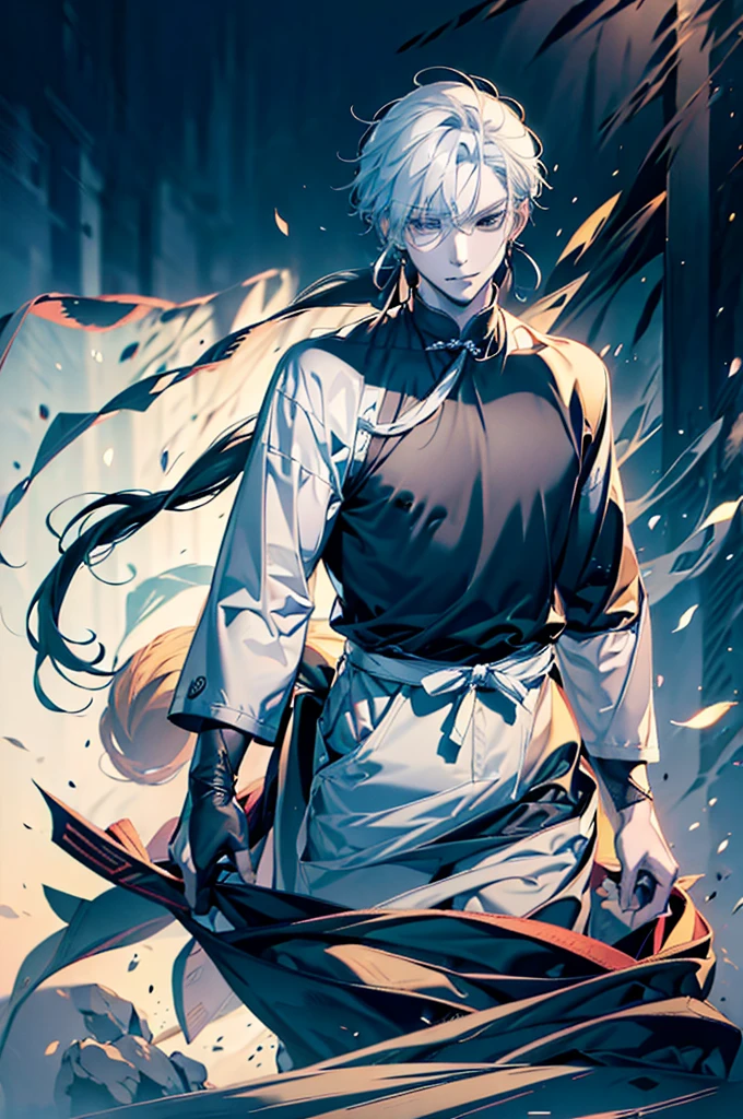 personnage masculin d&#39;anime, anime rudo 8k, oeuvre de style encre de Chine, longs cheveux noirs, agitant avec le vent, Yeux noirs, tunique blanche avec argent, tunique large, Robe taoïste, Joli garcon, beau prince, longue tunique, foyer masculin, approche puissante, aura élégante, couleurs blanches, Dorado, argent et bleu clair, Beau mec, beau garçon, Intelligent