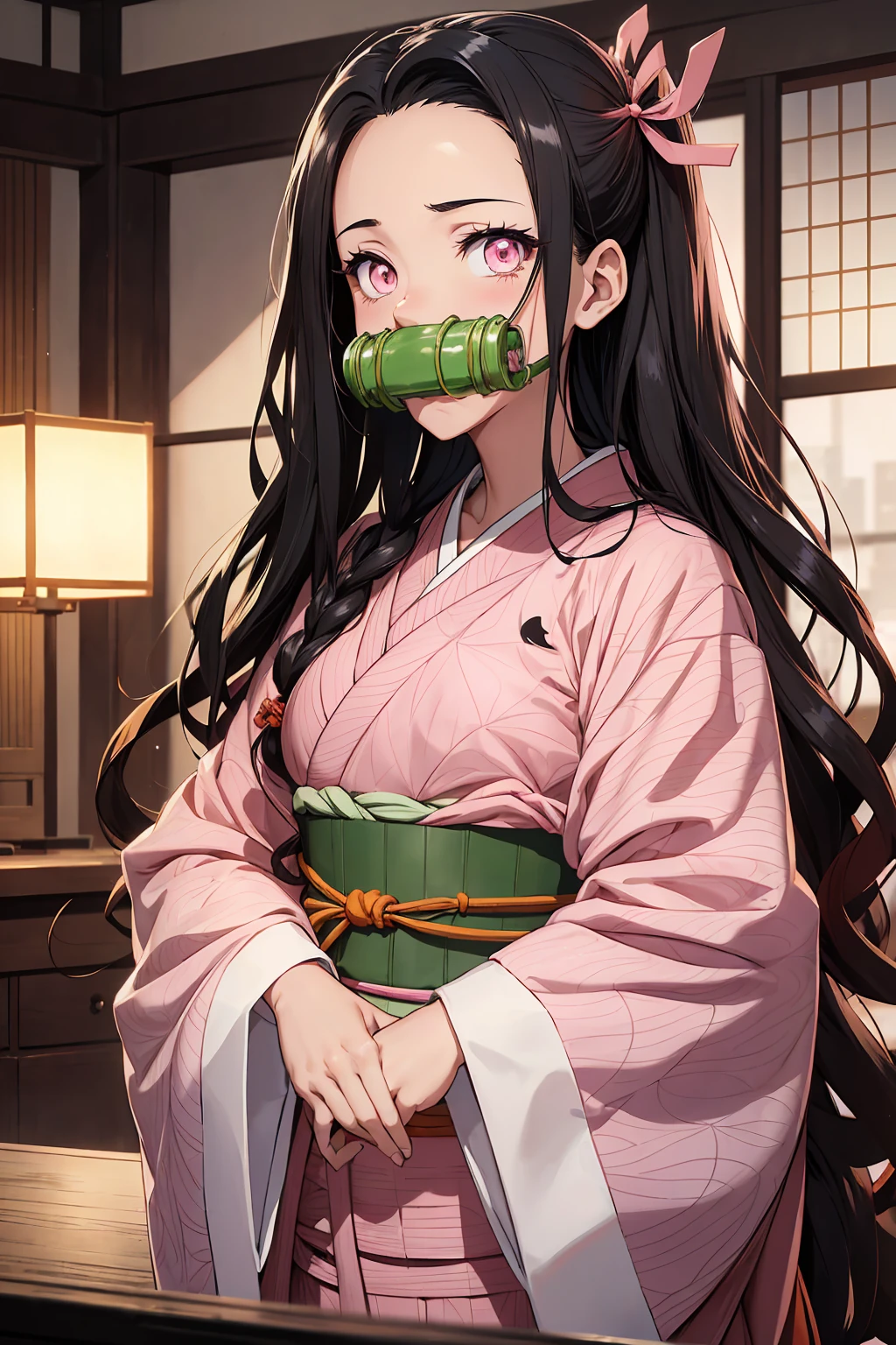 Nezu furnace, Nezuko Kamado, bamboo, (bit gag:1.5), Black Hair, (amount:1.5), gag, Gagged, Hair Ribbon, Long Hair, Multicolored Hair, (Pink Eyes:1.5), Orange Hair, elongated pupils, Wavy Hair, Two-tone hair, Break Asa (pattern), Checkered sash, Haori, Komono, kimono, Long sleeve, heart, ピンクのkimono, sash, wariza, Wide sleeves, break looking at viewer, Indoor rest, break (Tabletop:1.2), Highest quality, High resolution, unity 8k wallpaper, (figure:0.8), (Beautiful attention to detail:1.6), Highly detailed face, Perfect lighting, Highly detailed CG, (Perfect hands, Perfect Anatomy),