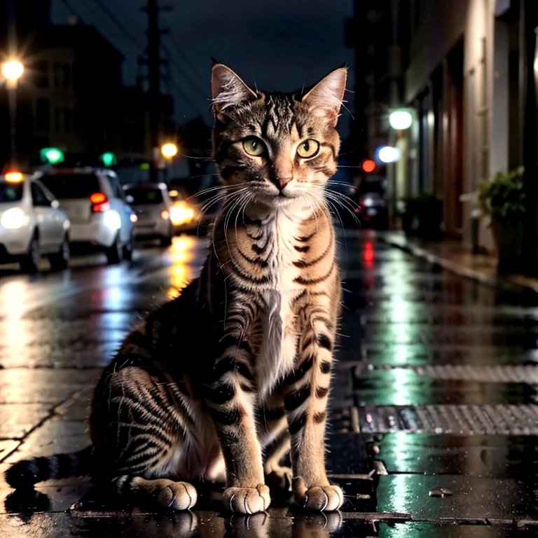 A detailed and emotional scene of a large, injured cat with visible scars on its chest, sitting protectively in the rain on a wet city street. The cat is hugging a small kitten closely to its body, providing warmth and comfort. The background shows a rainy night with blurred street lights and silhouettes of people in the distance, with reflections of lights and raindrops on the pavement. The atmosphere is dramatic and touching, highlighting the bond between the two cats and the harshness of their environment.
