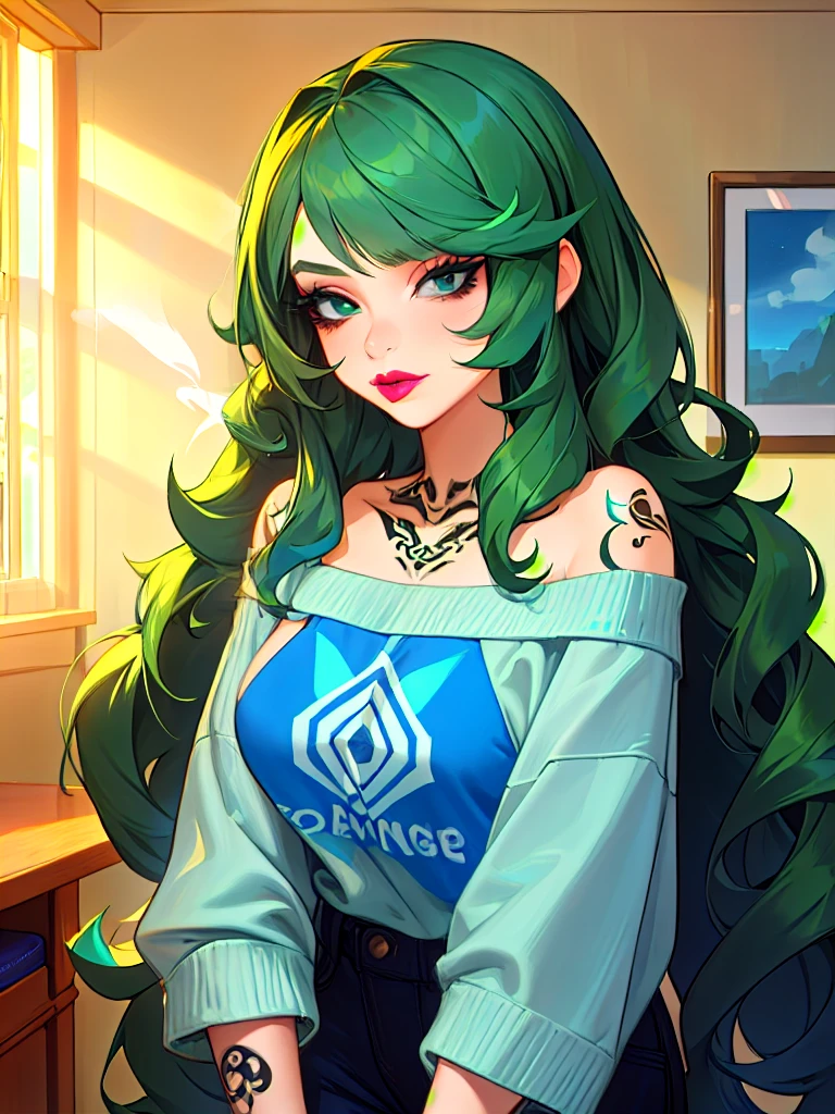 masterpiece, adult, green hair, blue themed room, woman with green to blue ombre hair, lipstick, tattoos, bangs, curly hair, eye shadow, smoky eyes, smokey eyes, sweatshirt, off the shoulder, very long hair