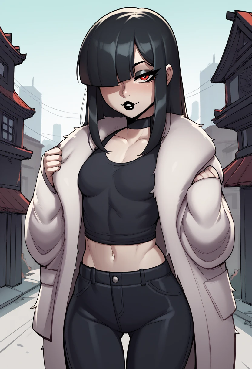 score_9, score_8_up, score_7_up, score_6_up, score_5_up, score_4_up, BREAK 1girl, black hair, long wild hair, swept bangs, red eyes, long eyelashes, seductive expression, blunt bangs, short, BREAK solo, small breasts, skinny, arched back, thigh gap, shrine maiden, fur coat, innocent, lovely, adorable, long hair, hair covering one eye, dark mage, fully clothed, hibakama pants, hakui shirt, yakuza, city street background, black lipstick,