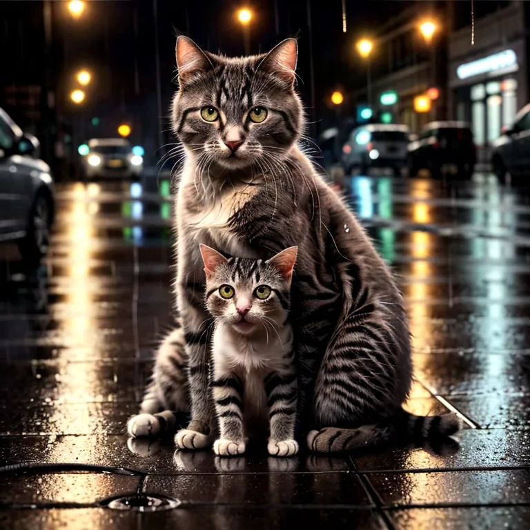 a detailed and emotional scene of a large, injured cat with visible scars on its chest, sitting protectively in the rain on a we...