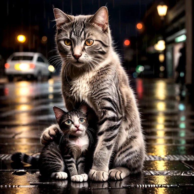 a detailed and emotional scene of a large, injured cat with visible scars on its chest, sitting protectively in the rain on a we...