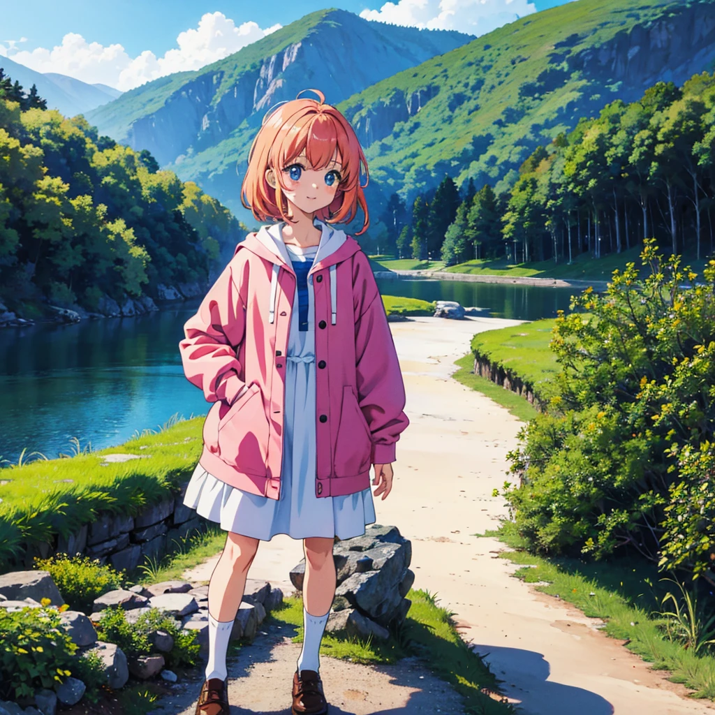 garota de anime kawaii em pé em uma paisagem