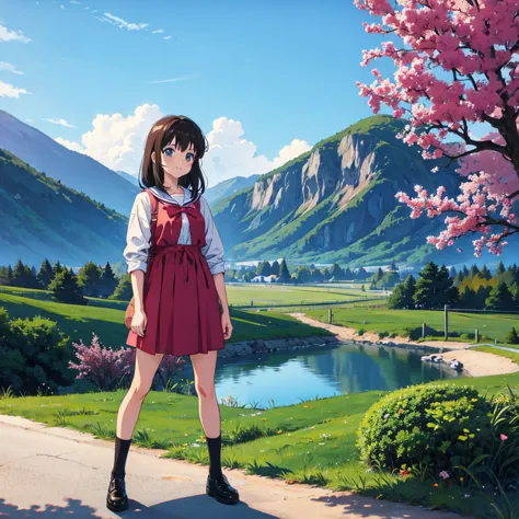 kawaii anime girl standing in a landscape