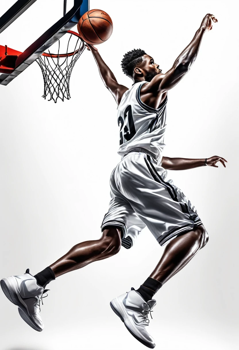 black basketball player with ball in the action of putting the ball in the basket in a mind-blowing jump, hyperrealism, digital art details, white background