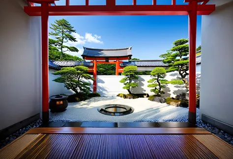 red torii door japanese temple onsen, blue sky