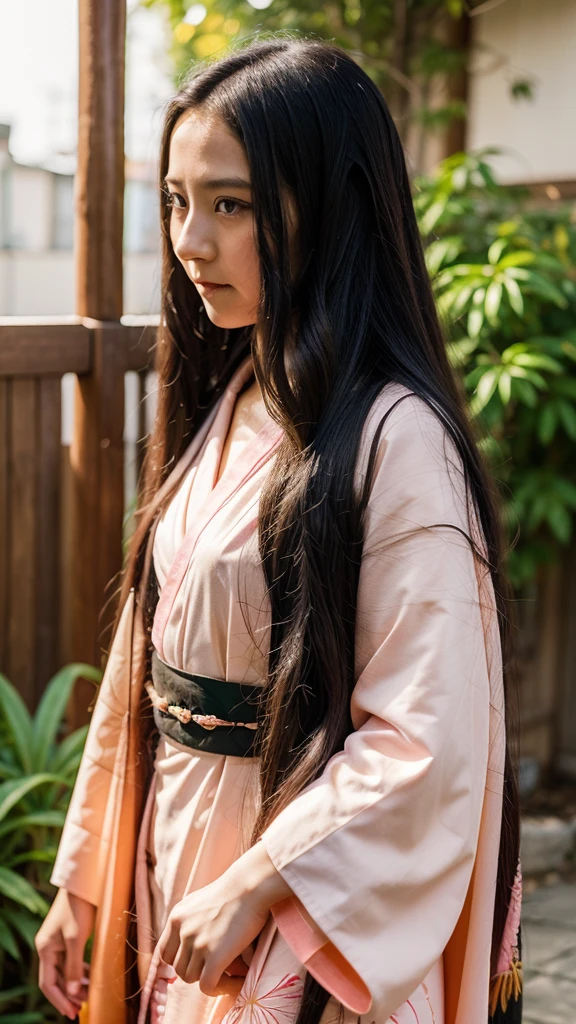 Young girl, Long hair, black hair with orange tips, pink kimono, , appearance of Nezuko Kamado https://images.app.goo.gl/sYUhX1A66RbyFBK7A