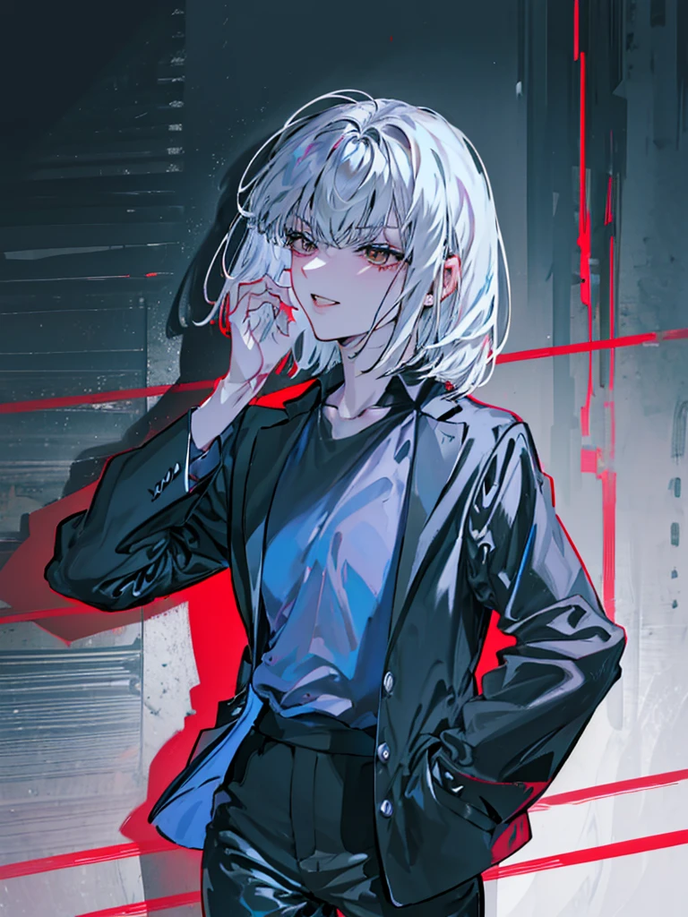 1girl, 17 years old, high-school teenage girl, short white hair, bangs, red eyes, (best quality,8k,highres,masterpiece), confident, evil smile, flat chest, cool, observe, arrogant, thoughtful, lazy, solo, Best Quality, High resolution, Extremely detailed, Detailed background, anatomically correct, Perfect Lighting, black blazer, plain shirt inside blazer, high waist black loose pants, street, hand in pocket, detailed face, detailed eyes, detailed lips, detailed nose, realistic, photorealistic, HDR, UHD, studio lighting, ultra-fine painting, sharp focus, physically-based rendering, extreme detail description, professional, vivid colors, intricate details, flat , no big 