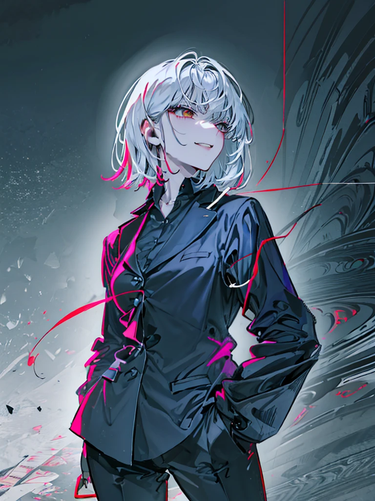 1girl, 17 years old, high-school teenage girl, short white hair, bangs, red eyes, (best quality,8k,highres,masterpiece), confident, evil smile, flat chest, cool, observe, arrogant, thoughtful, lazy, solo, Best Quality, High resolution, Extremely detailed, Detailed background, anatomically correct, Perfect Lighting, black blazer, plain shirt inside blazer, high waist black loose pants, street, hand in pocket, detailed face, detailed eyes, detailed lips, detailed nose, realistic, photorealistic, HDR, UHD, studio lighting, ultra-fine painting, sharp focus, physically-based rendering, extreme detail description, professional, vivid colors, intricate details, flat , no big 