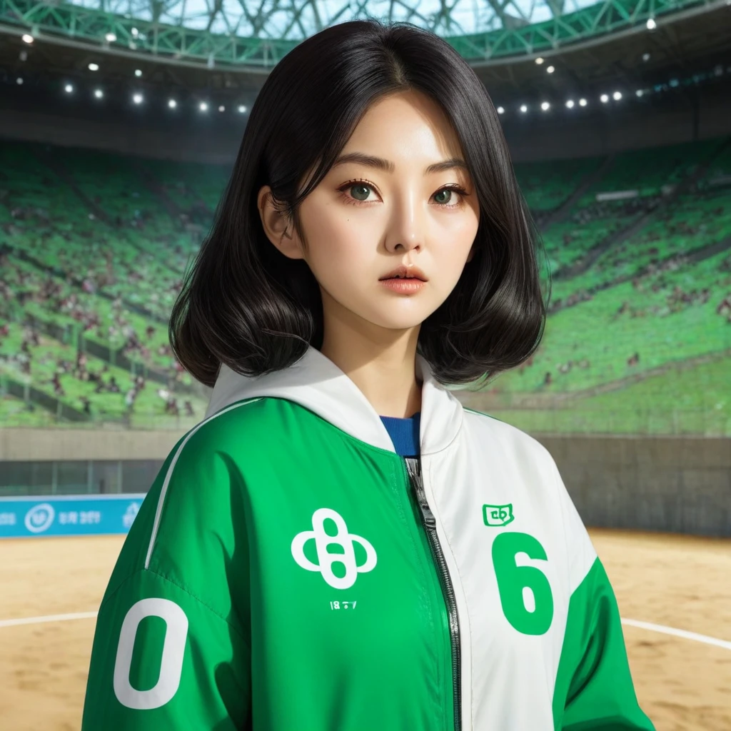 Hoyeon Jung, korean woman, 1 woman wearing green and white jacket which has the number 067 on the top left, squid game, Kang Sae-byeok, in a stone arena, front view
