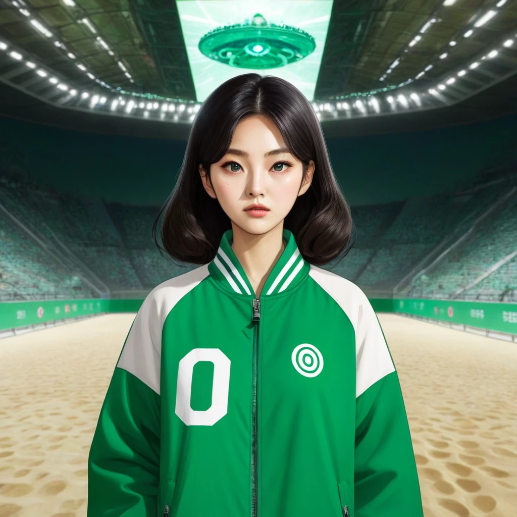 Hoyeon Jung, korean woman, 1 woman wearing green and white jacket which has the number 067 on the top left, squid game, Kang Sae-byeok, in a stone arena, front view
