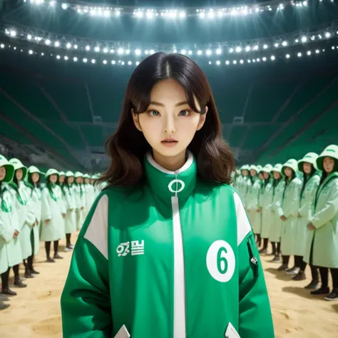 hoyeon jung, korean woman, 1 woman wearing green and white jacket which has the number 067 on the top left, squid game, kang sae...