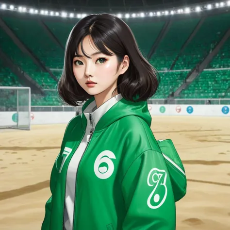 hoyeon jung, korean woman, 1 woman wearing green and white jacket which has the number 67 on the top left, squid game, kang sae-...